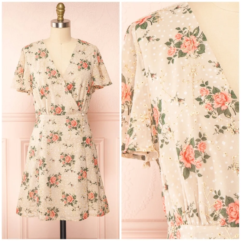 Sugarlips Cream Floral Mini Dress with Pink Roses - Picture 9 of 10